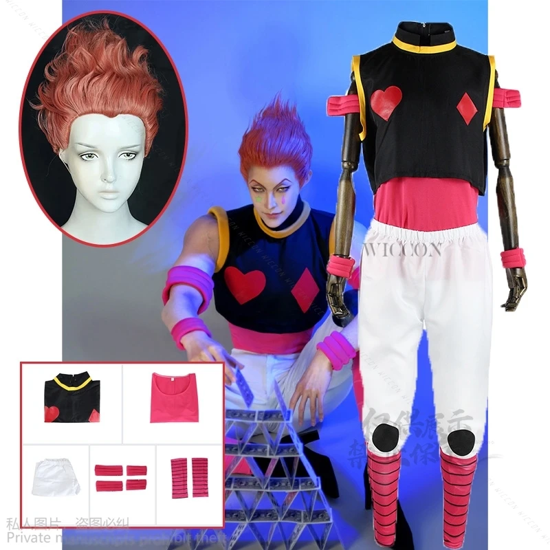 

Костюм для косплея Hisoka из аниме HUNTER, полный комплект, унисекс, фантомная труппа, костюм для Хэллоуина, красный парик, сексуальный ролевые игры