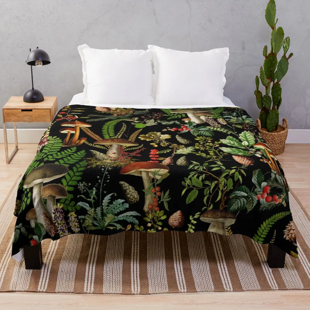 Vintage Mushrooms Forest Botanical Pattern - Black Throw Blanket Soft Blanket Throw And Blanket Kid'S Blanket