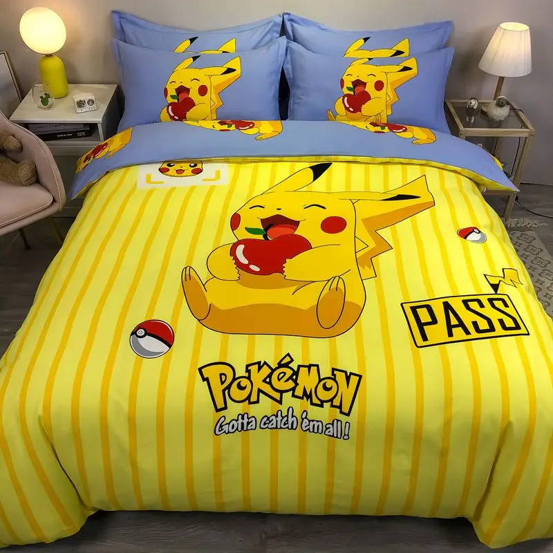 pokemon-cartoon-anime-cotton-pikachu-four-piece-cotton-children's-student-bed-sheet-quilt-cover-bedding-three-piece-home-textile