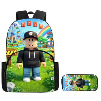 Roblox Cartoon Backpack with Front Pocket & Pencil Case 2-Piece Set - Cute Gaming School Bag Gift for Kids Ages 5-8 1