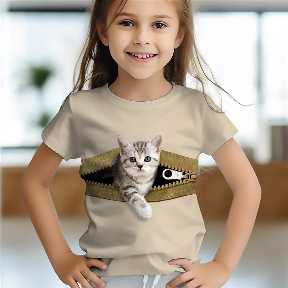 Kids T Shirt 3d Printed Fun Children's Cat Animal Baby Girl Summer Short Sleeve