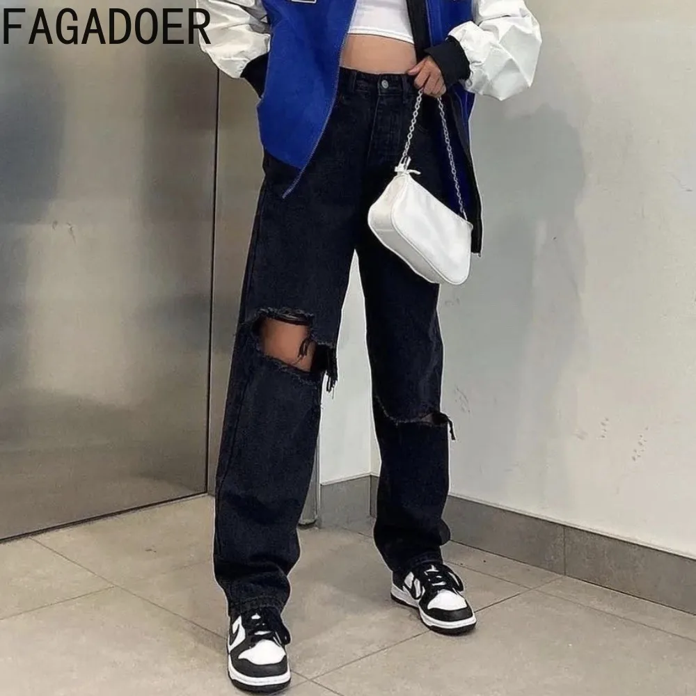FAGADOER Black Casual Hole Straight Denim Pants Women High Waist Button Loose Trousers Fashion Female Matching Trend Streetwear