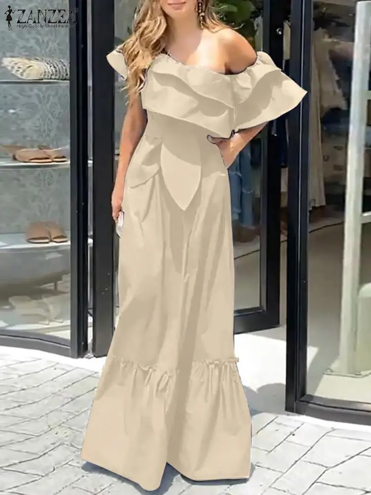 

ZANZEA Casual Pleated Maxi Dresses Women Off One Shoulder Long Dress Vintage Ruffled Party Sundress Elegant Belted Summer Robes