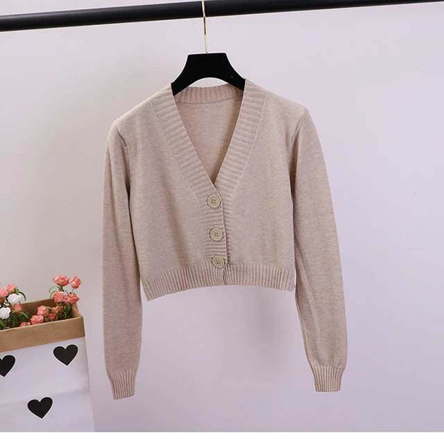 Women's Cropped Cardigan Sweaters Female Black White Short Sweater V Neck Single Breasted Sweater Woman Knitted Cardigan GD153 2