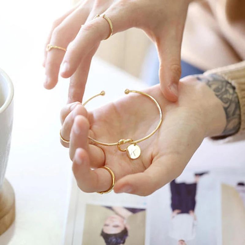 Initial Coin Charm Cuff Bracelet/Bangle