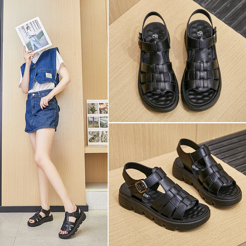 여성용 플랫폼 여름 샌들, 두꺼운 밑창 플랫 슈즈, 통기성 부드러운 밑창, 가죽 샌들, 여성 샌들, 패션