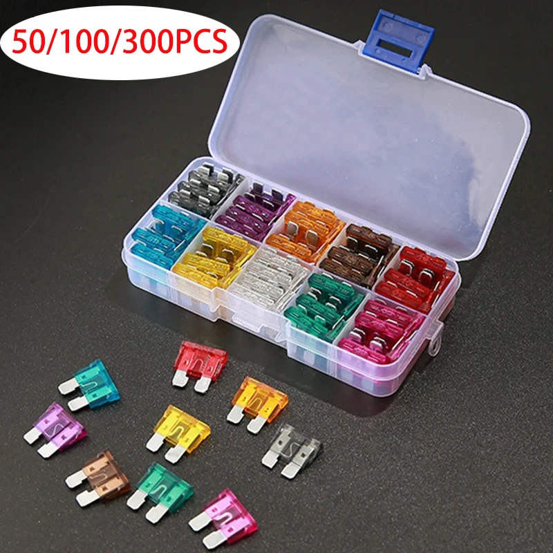 50/100/300PCS Car Fuse Assortment Set Profile Middle Size Blade Type Fuse Auto Car Truck 2-40A Accessories with Box Clip
