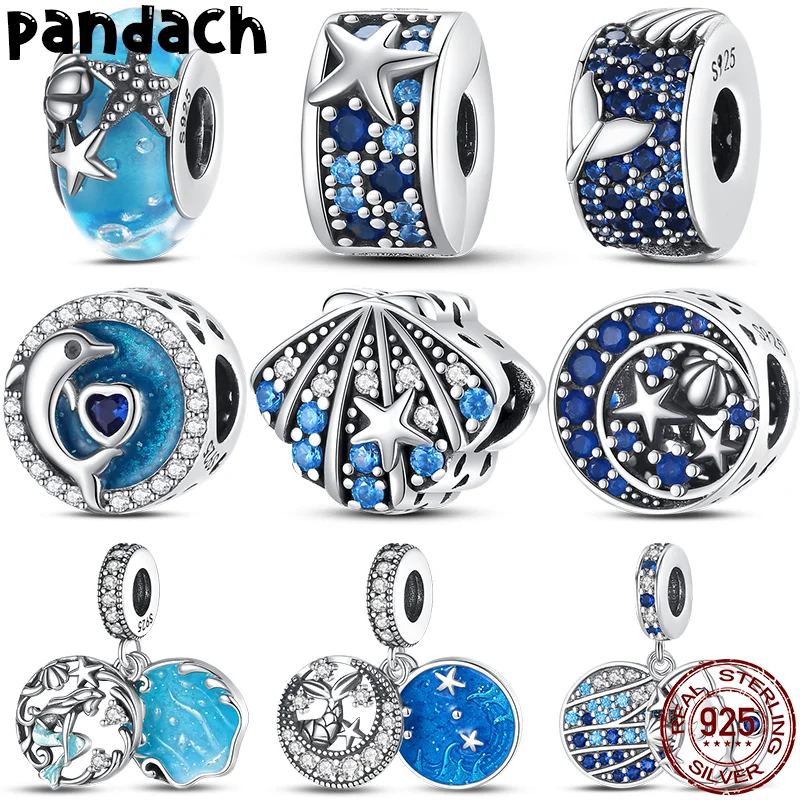 

2023 New 925 Sterling Silver Ocean Blue Glass Charm Beads Fit Pandora Bracelet DIY Jewelry For Women Pendants Girl Birthday Gift