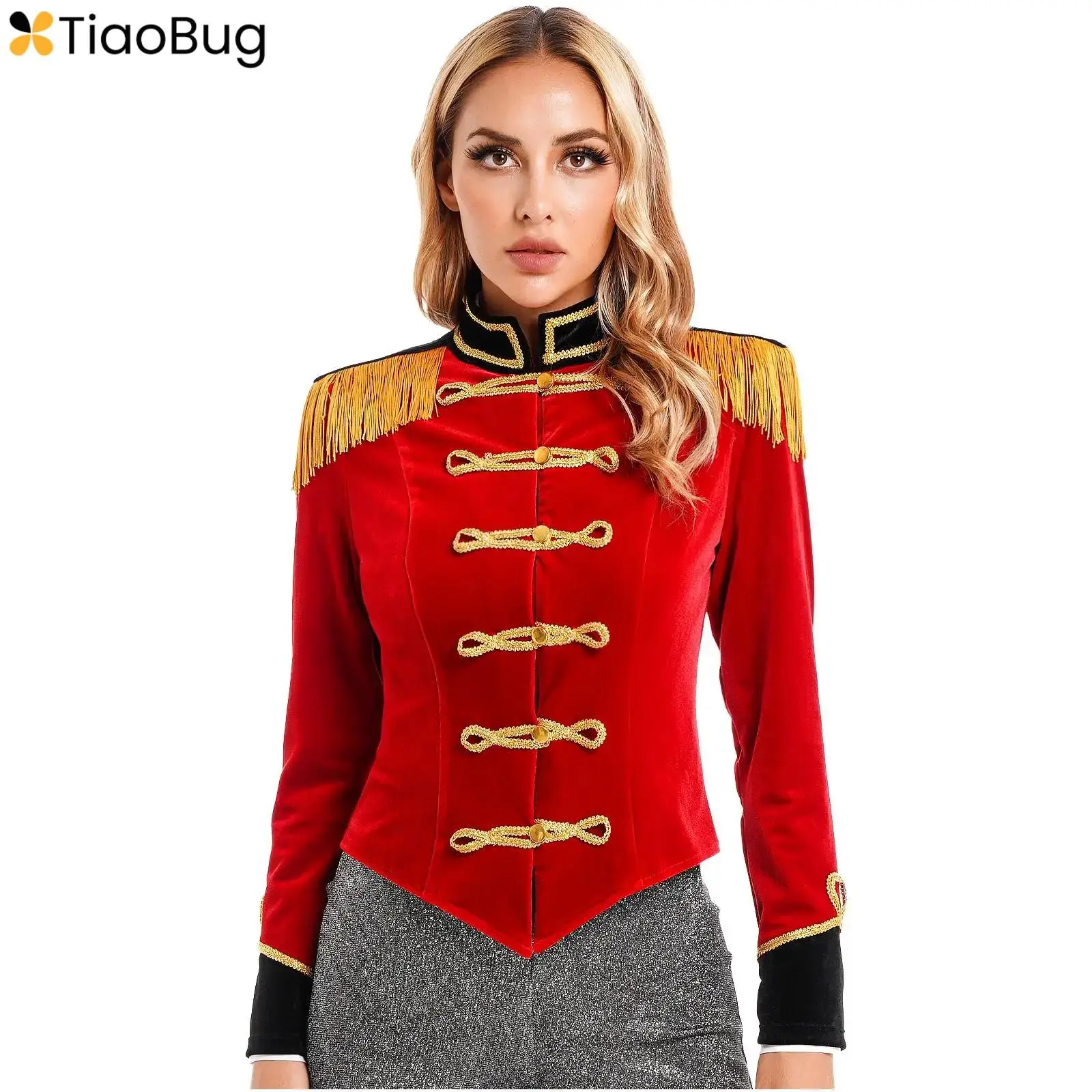 

Womens Circus Ringmaster Costume Carnival Halloween Cosplay Long Sleeve Stand Collar Fringed Shoulder Board Velvet Jacket Coat