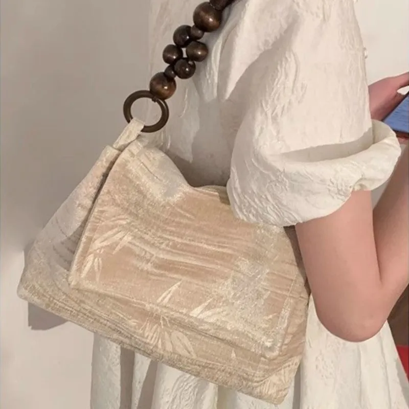 Retro Velvet Beige Handbag Women Beaded Handle Square Large Capacity Shoulder Bags Ladies Elegant Gentle Versatile Underarm Bag