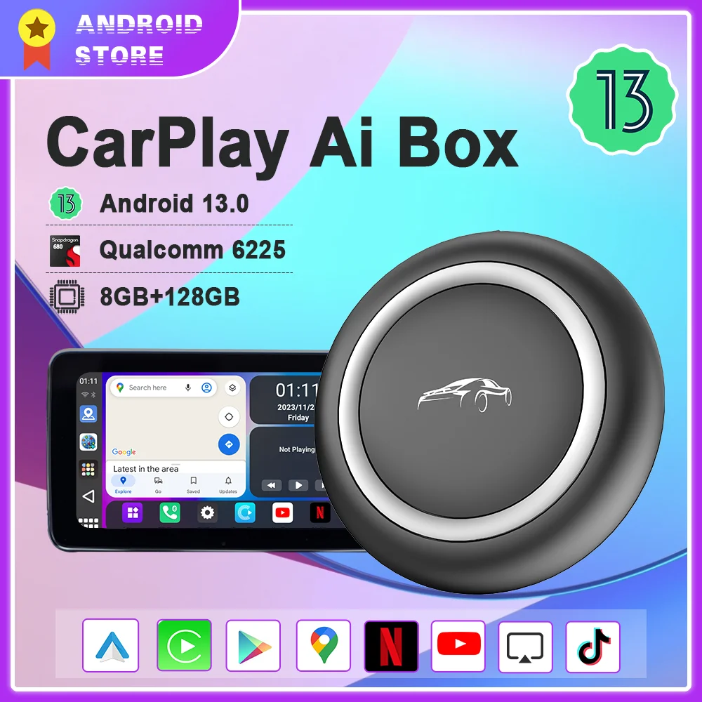 

Carplay Ai Box Android 13 Wieless Android Auto Carplay Adapter QCM6225 8GB+128GB For Youtube Netflix Volvo Kia Benz Audi MG VW