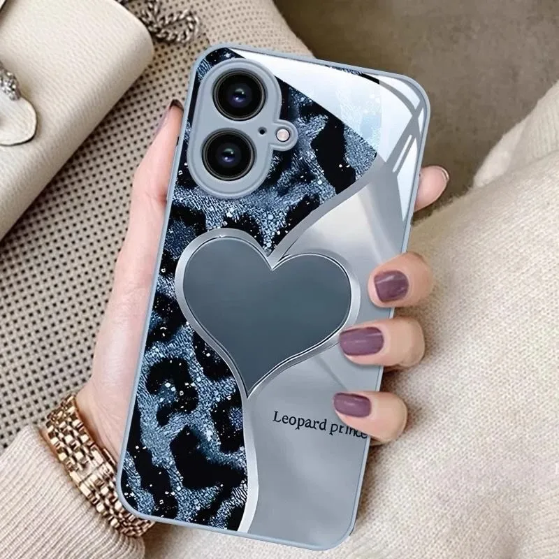 Leopard-Print Heart Phone Case with Tempered Glass Protection