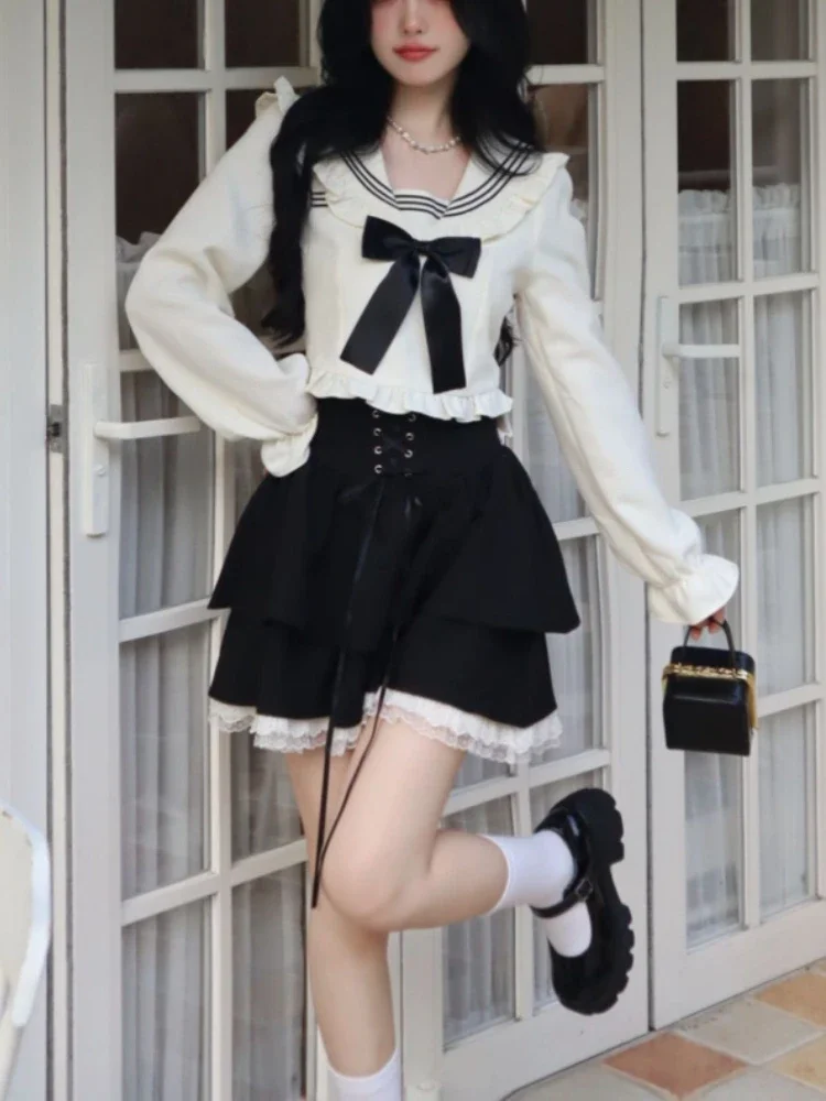 

Spring Kawaii Sweet 2 Piece Set Woman Off Shoulder Bow Cute Blouse + Mini Cake Skirt Female Korean Fashion Casual Suit 2024 New