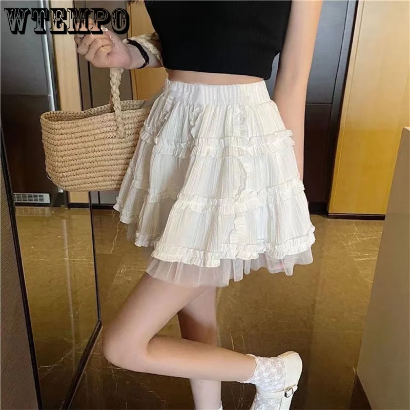 

WTEMPO Kawaii Mini Skirts Women Lolita Lace Ruffles Patchwork Black Skirt Preppy Style Solid Korean Fashion High Waist Skirts