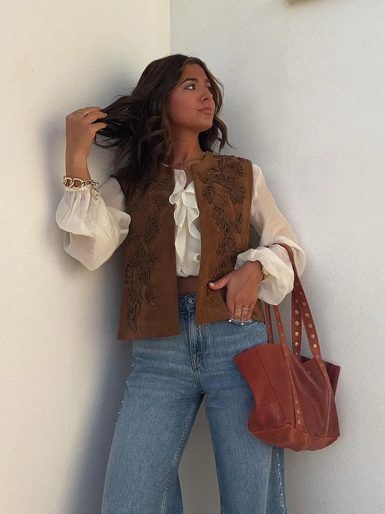 HH Women Elegant Flower Embroidery Vest O Neck Casual Loose Sleeveless Cardigan Waistcoat Spring High Street Outwear Tops