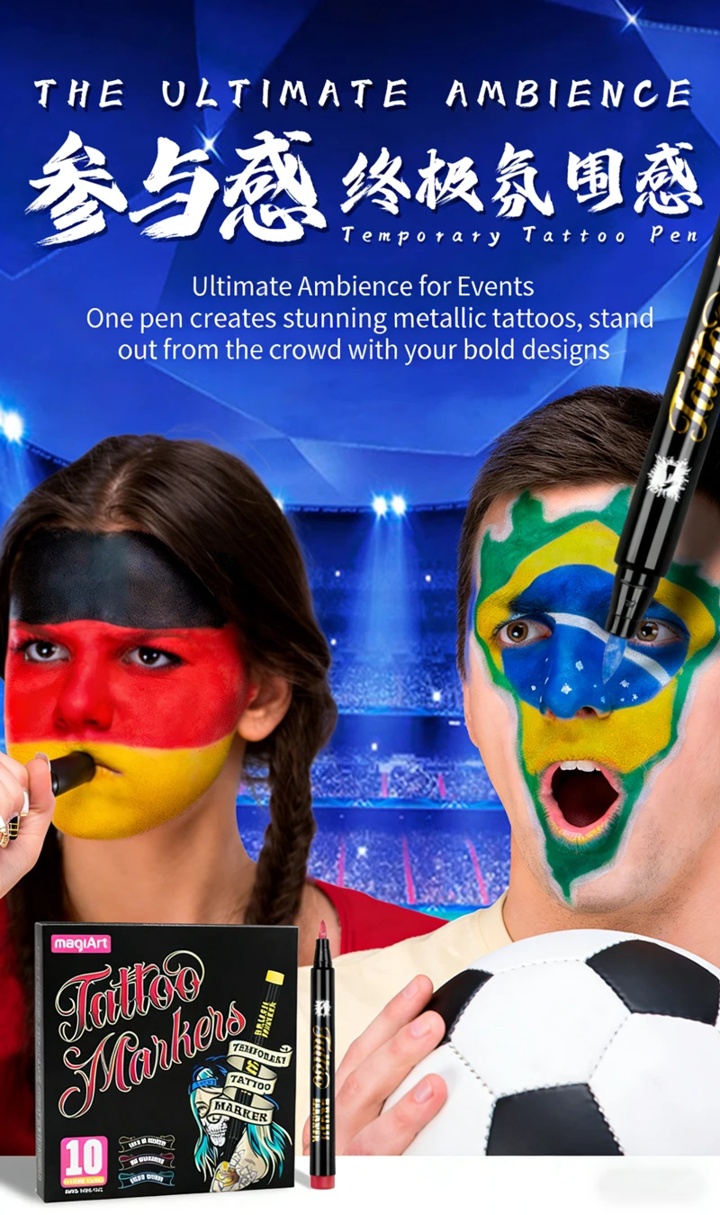10가지 색상의 임시 타투 마커, 세척 가능하고 빠르게 건조, 테마 파티, 일상 예술, 선물 및 창의적인 문구류에 이상적