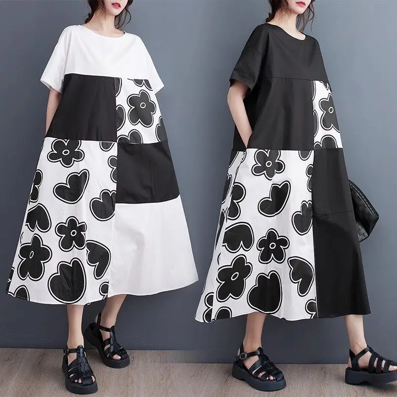 

2023 Summer T-Shirt Dress Women Loose Large Size Print Splice Casual Simple Commuting Sweet Short Sleeve Dress Midi Robe Z2017