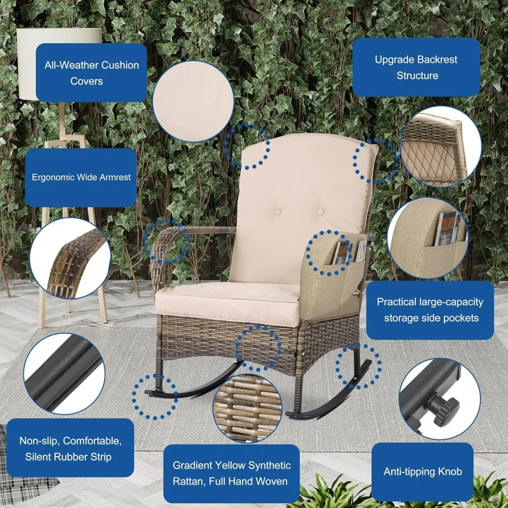 3-Piece Outdoor Furniture Set, Patio Conversation Chair, Wicker Cushioned Patio Rocker with Side Table for Porch, Garden, Poolsi 4