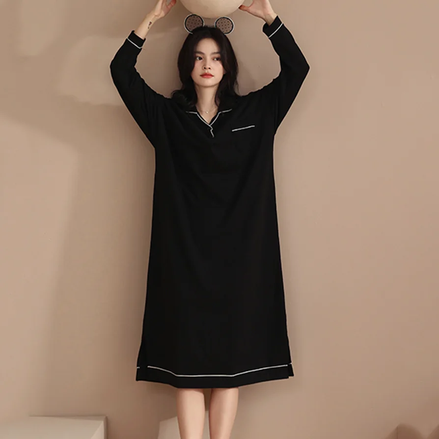 Black Straight Long Sleeve Nightgowns Women Fashion Mature Popular Harajuku Elegant Sleepwear Soft Tender Midi Nightdress Spring