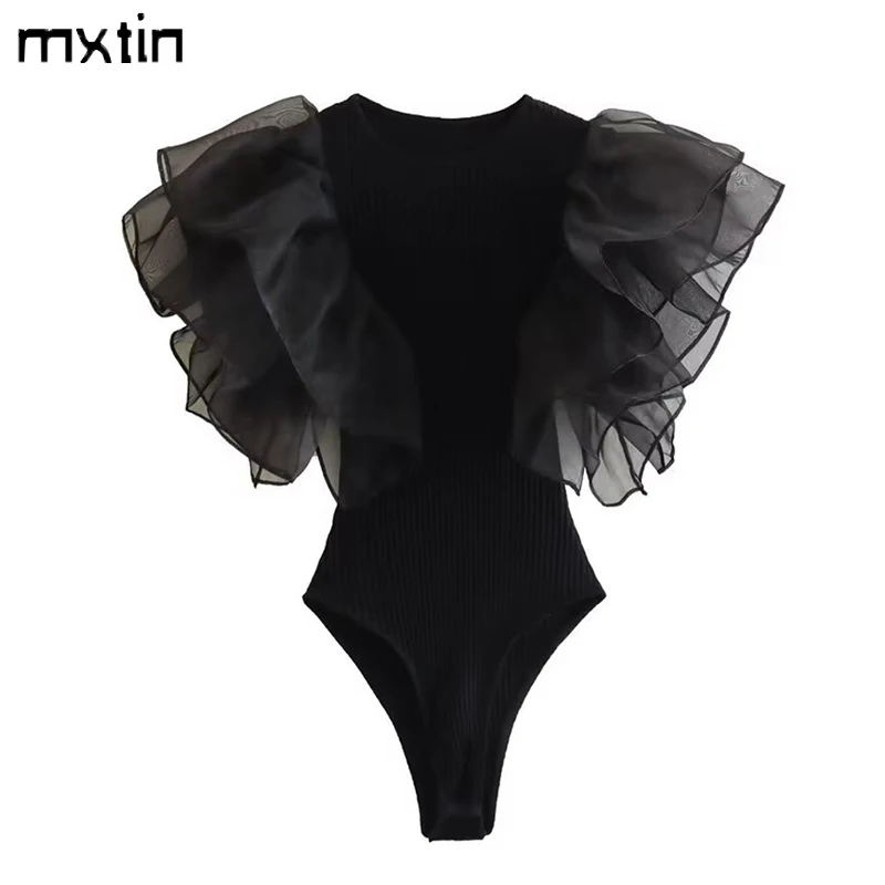 

Women Spring Fashion Sexy Solid Skinny Ruffles Bodysuits Vintage Slim O-Neck Sleeveless Female Playsuits Casual Tops Vestidos