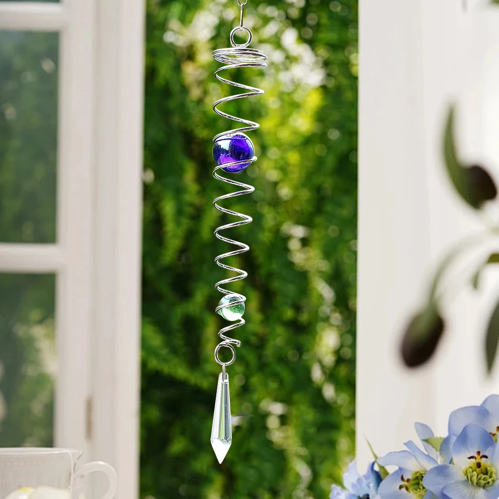 Metal Spiral Crystal Ball Hanging Wind Chime Glass Double Bead Pendant Home Wedding Outdoor Garden Decoration Yard Bird Repeller 3
