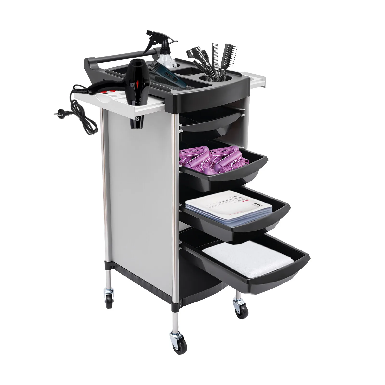 6-stöckiger Salon-Trolley mit Rollen, PP-Edelstahl-Rollwagen, 50 kg Tragkraft, mobiler Organizer-Wagen für Friseursalon, Spa, Zuhause – Detail 4