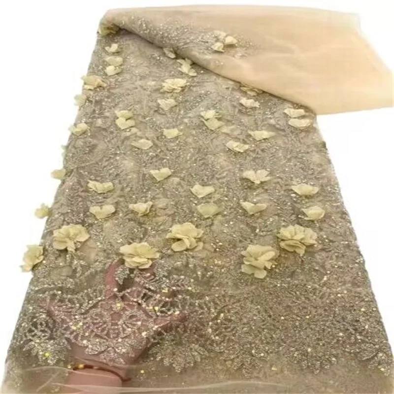 

Французская кружевная ткань с 3D цветами в синем цвете, желтая Высококачественная Кружевная Сетка, африканская кружевная ткань с блестками, кружевная ткань для свадьбы