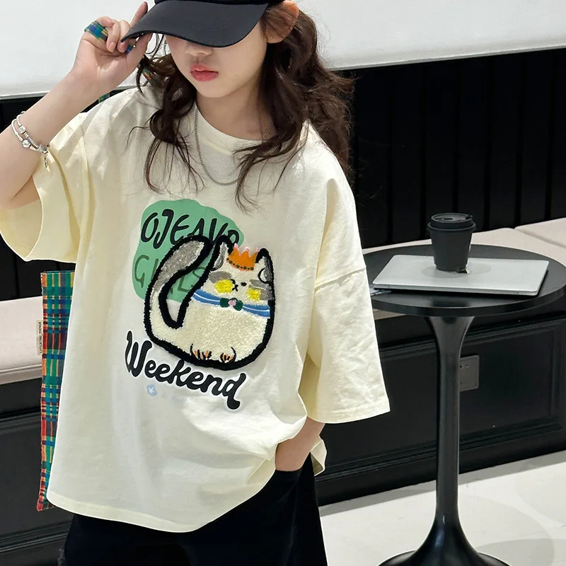 

2024 Korean Summer School Girl Loose Tees Teenager Girl Cartoon Cat Bottoming Shirt Junior Girl Casual Short Sleeve Tops