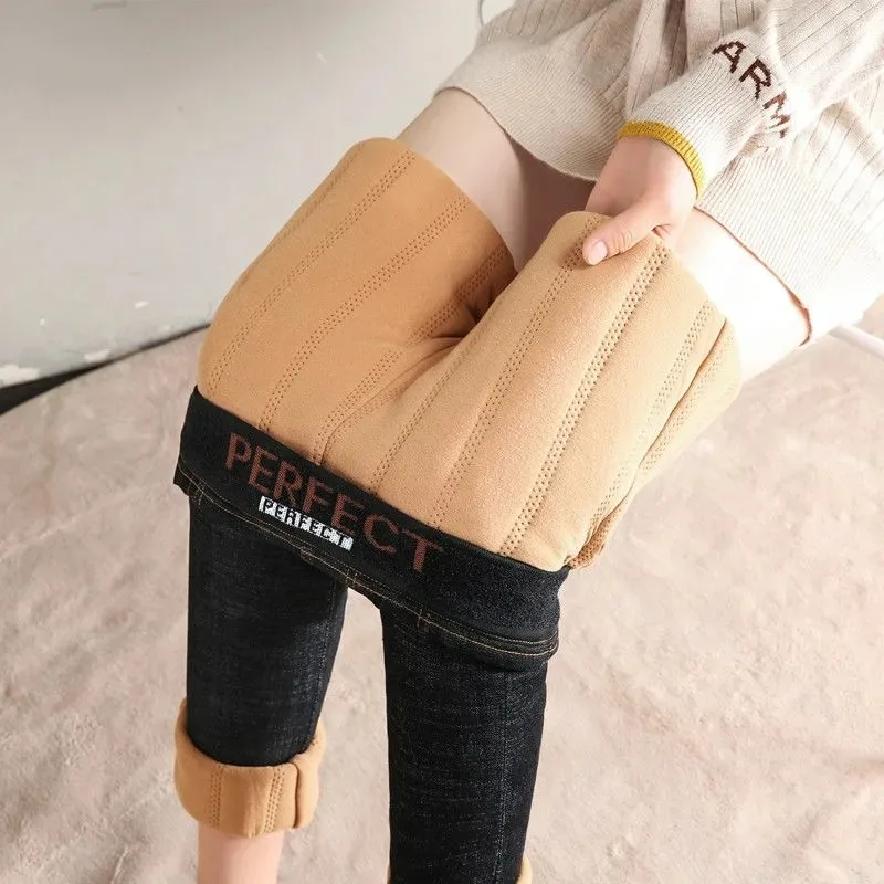Vintage Skinny Wool Lined Winter Jeans Woman Thick Cotton High Waist Stretch Vaqueros Leggings Mom Basic Snow Wear Denim Pants 2024 new fashion snow wear cashmere winter jeans casual super warm skinny vaqueros mom thick plus velvet denim pencil pants