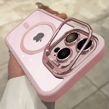 Transparent Phone Case For iPhone 16 15 14 13 12 11 Pro Max Plus 17 Air For Magsafe Magnetic Lens Metal Stand Holder Cover 1