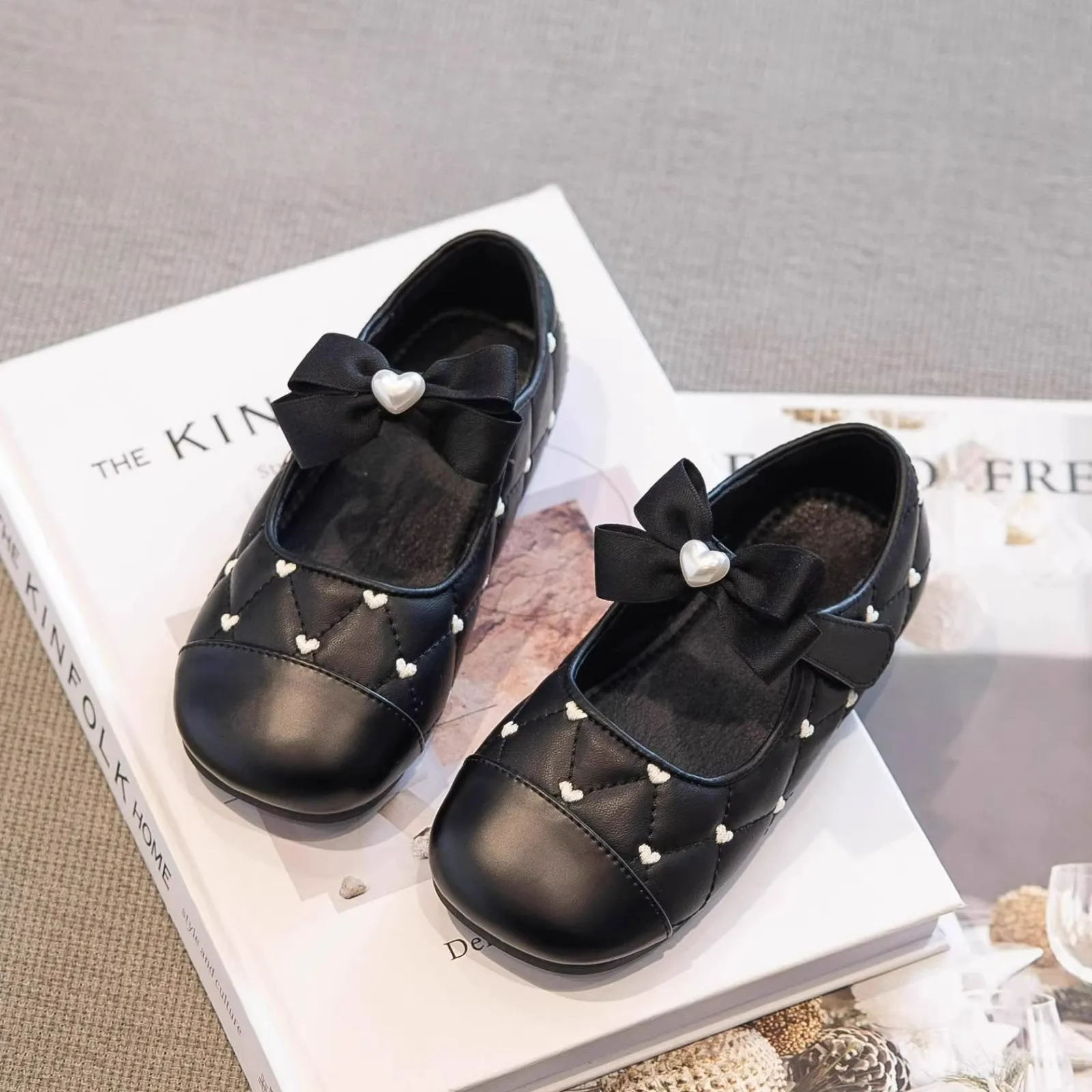 Leather Kids Ballet Flats for Girls with Bow Detail