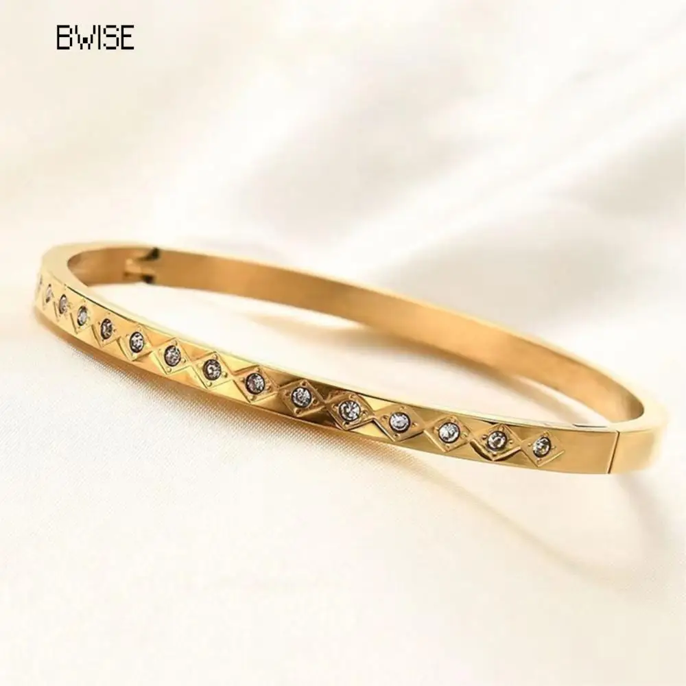 Bwise Waterproof Luxury Colorful Cubic Zirconia Bangles Stainless Steel Open Bracelet Bangle 18k Plated Fashion Jewelry Women 2