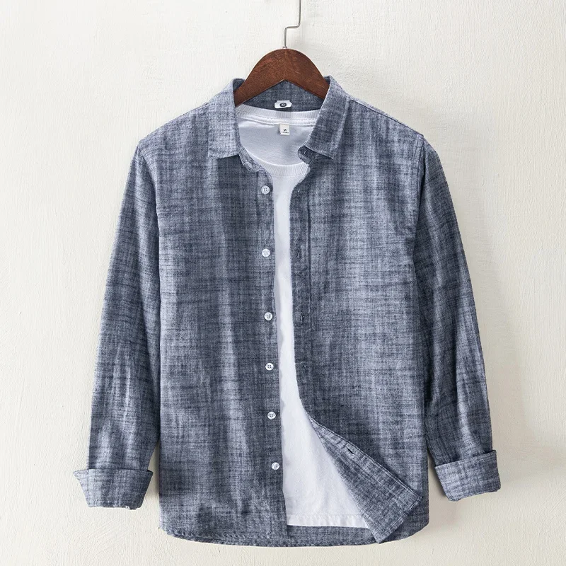 Long Sleeve Shirt Men Solid Color Turn-down Collar Tops 100%cotton Casual Vintage Clothing