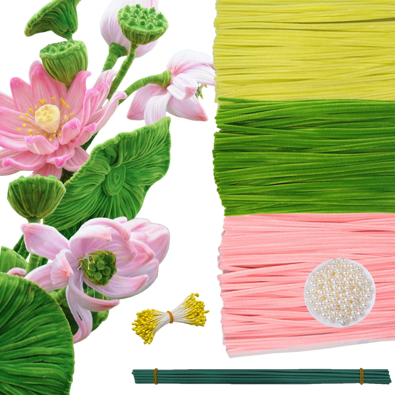 300 Pink Green Yellow Pipe Cleaner With 20 Flower Stem Wire 150 Flower Core 150 Beads, DIY Lotus Handmade Material Bag