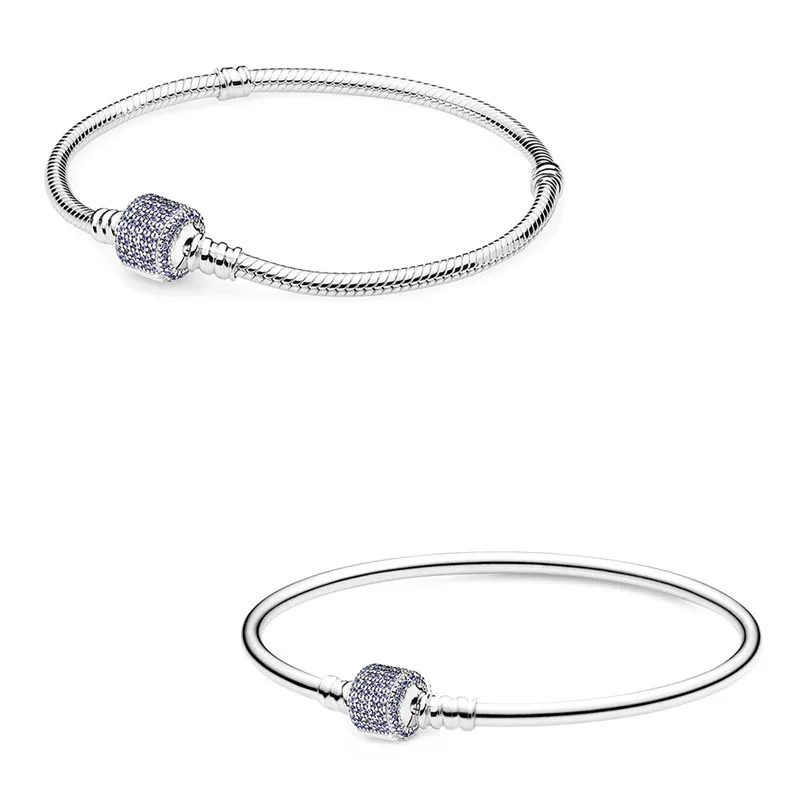 

Original Moments Blue Logo Signature Barrel Clasp Bracelet Bangle Fit Women 925 Sterling Silver Bead Charm Fashion Jewelry