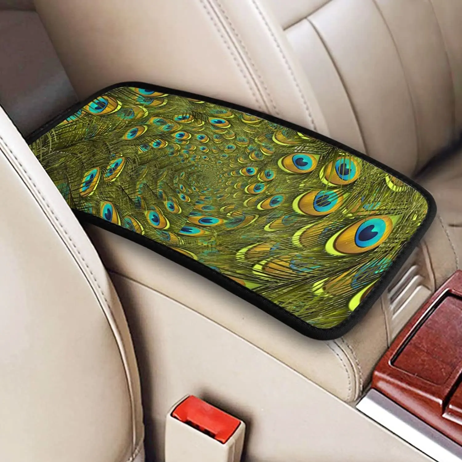 Peacock Feather Car Center Console Armrest Cover Pad, Seat Armrest Box Protector Universal Car Trim, Suitable for Most V