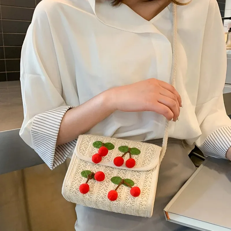 Imitation Grass Woven Small Bag Women's Cute Cherry Shoulder Bag Straw Beach Casual Handbags Girls Sweet Crossbody Bags