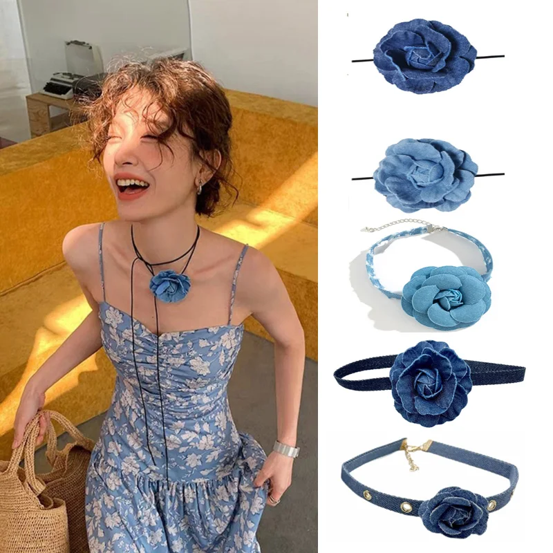 Goth Cloth Big Rose Pendant Choker Jean Cloth Necklace for Women Elegant Weave Knotted Bowknot Adjustable Chain Jewelry Gift women jewelry metal choker necklace velvet choker necklaces beaded necklace lace choker necklaces