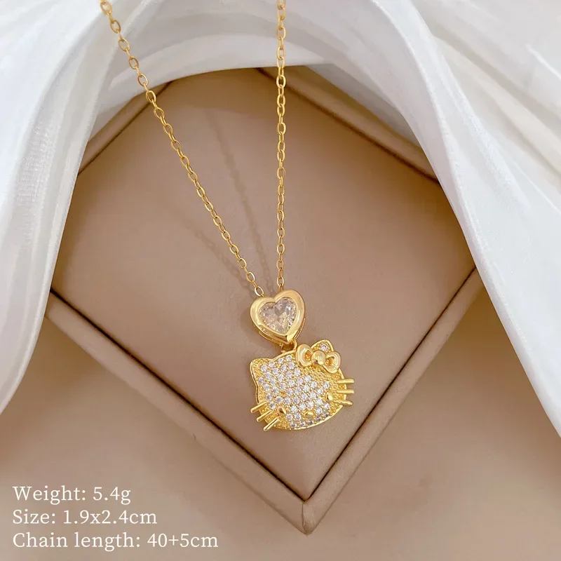 Gold Color Zircon Heart Hello Kitty Pendant Necklaces for Women