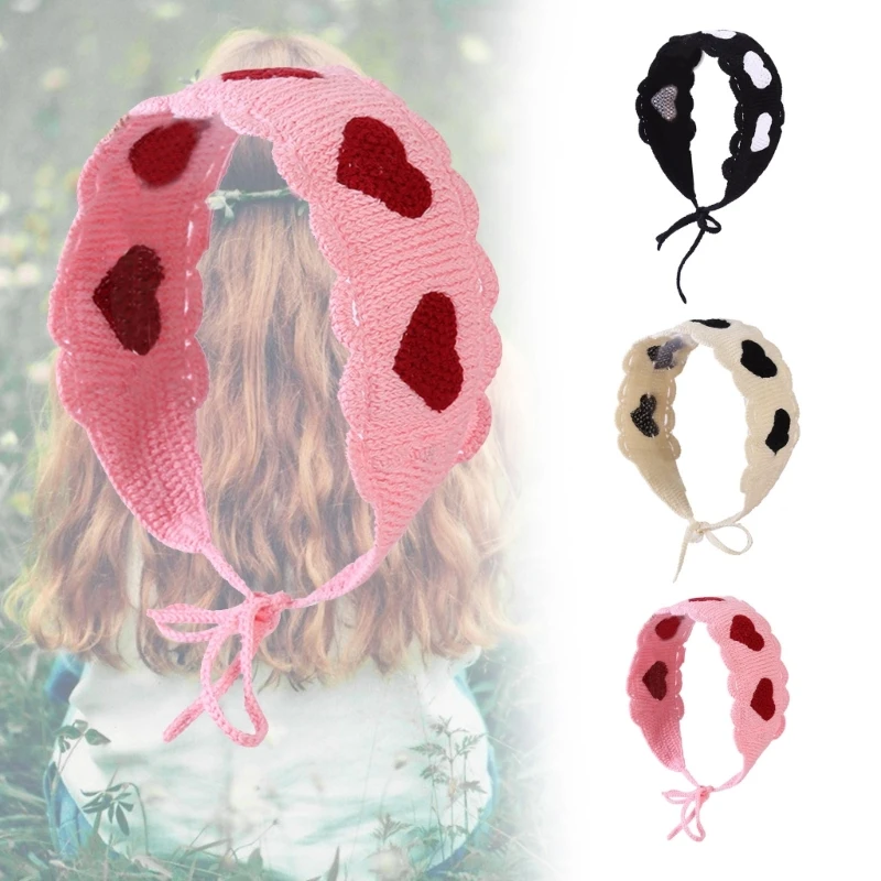 

Crochet Hairband Woman Headband with Heart Pattern Summer Sunproof Kerchief DXAA