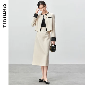 SENTUBILA French Style Womens Skirts Sets Spliced O Neck Long Sleeve Jackets Straight Long Skirt New in Matching Sets 143Z55936 1