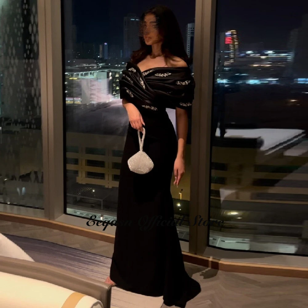 Mermaid Saudi Arabic Black Formal Party Gowns Ruched Off the Shoulder Prom Dress Long Evening Gown Robe De Soirée Dubai