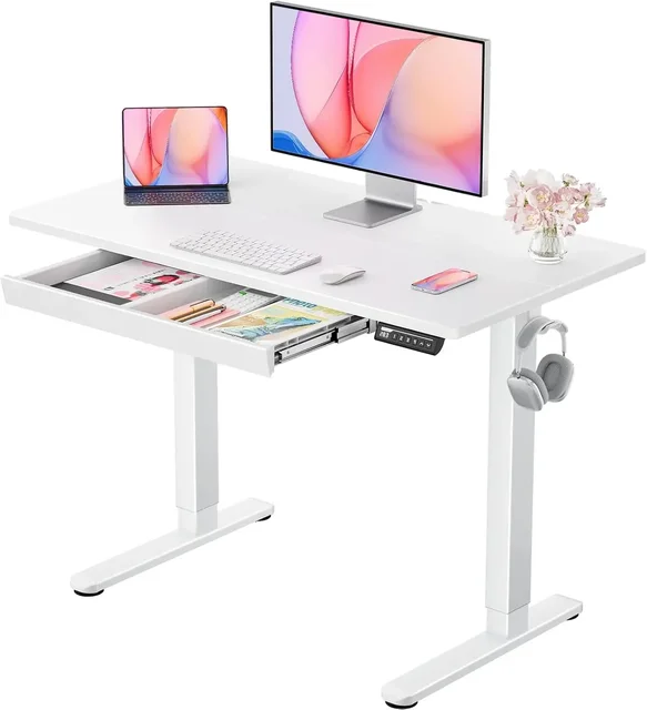 Standing Desk with Drawer, 44 x 24 inch Electric Height Adjustable Desk with 4 Preset Heights & 2 Storage Hooks, Sit Stand Desk