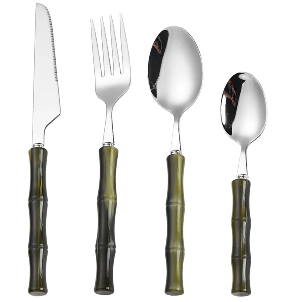 Conjuntos de Talheres 4/6 Peças com Cabo de Acrílico, Conjunto de Faca e Garfo em Aço Inoxidável, Louça de Jantar Verde Prata para Casa e Cozinha