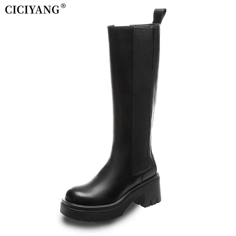 

CICIYANG Chelsea Boots For Women 2023 Autumn Genuine Leather Knight Boots Chunky Marton Boots Ladies Long Knee-length High Heels