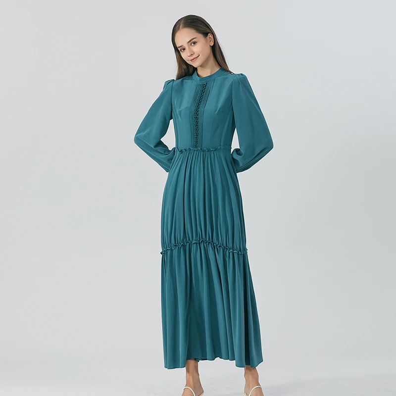 

Indigo Blue 100% Mulberry Silk Stand Collar Lantern Long Sleeve Dresses Three-dimensional Fungus Lace Silk Cake Dress AE1722
