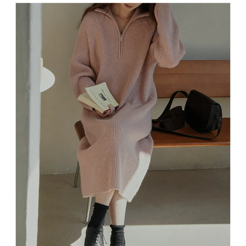 

Autumn Women Winter Knitted Dress Sweater Dresses Mid-length Loose Inner Layer Bottoming Lazy Style Zipper Half Open Collar Gray