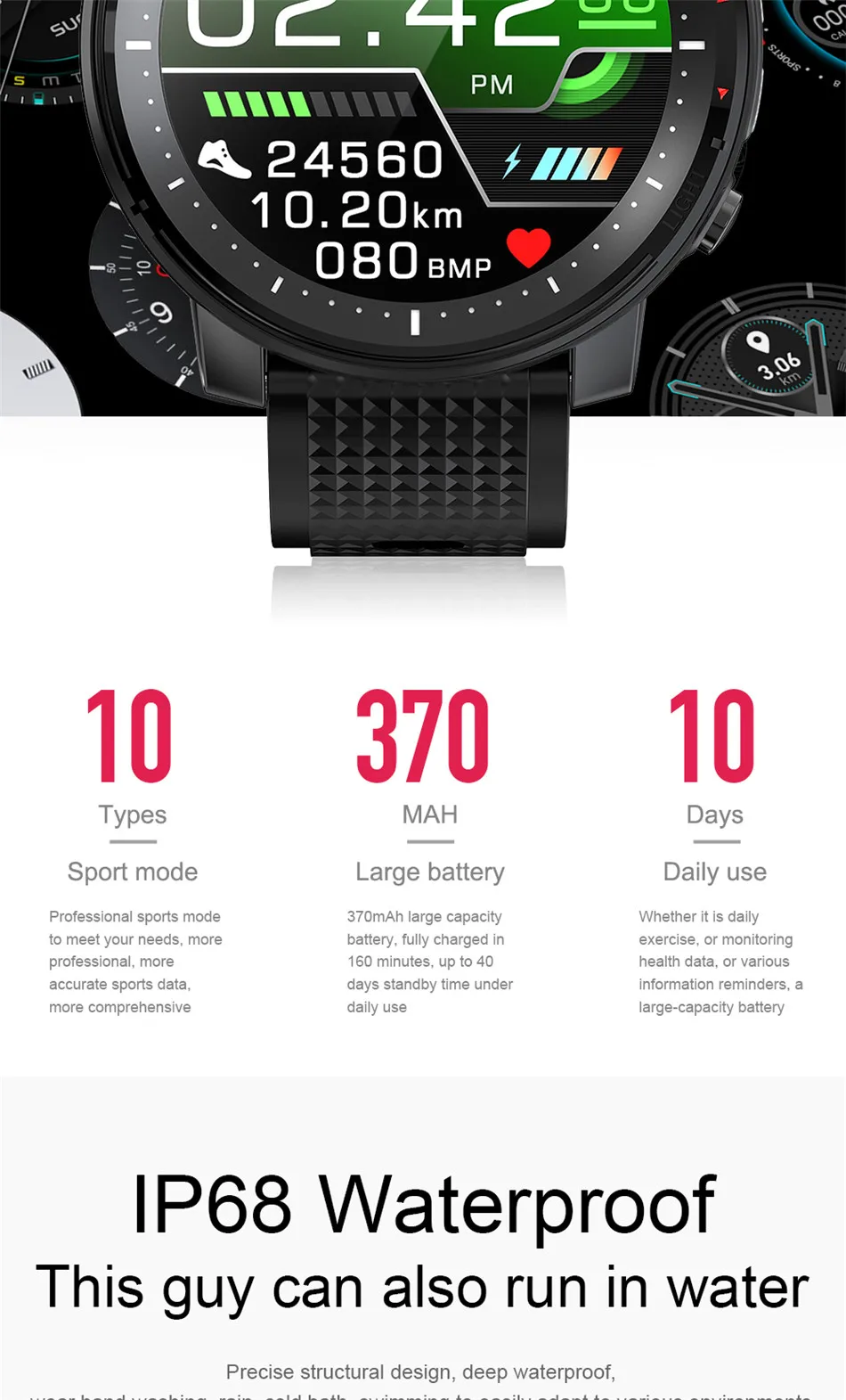 L15 Smart Watches LED Flashlight Men Smartwatch Sports Fitness Tracker IP68 Waterproof with Blood Pressure Monitoring Clock