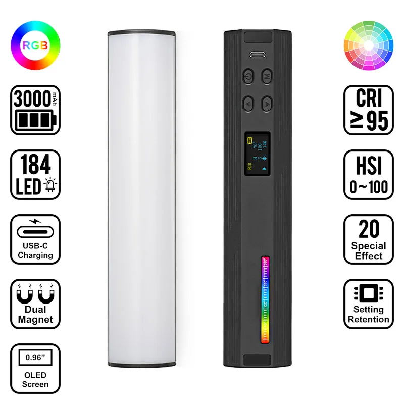 

W200RGB Handheld Tube Wand Light Stick RGB LED Video Light Photography Scene 360 Full Color Lighting for Youtube TikTok Live