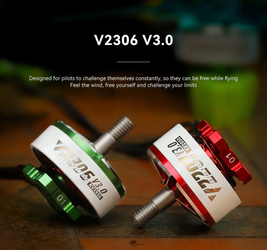 Ensemble de moteurs brushless V2207/V2306 1750-2550KV pour drone FPV, présentés sur fond noir.